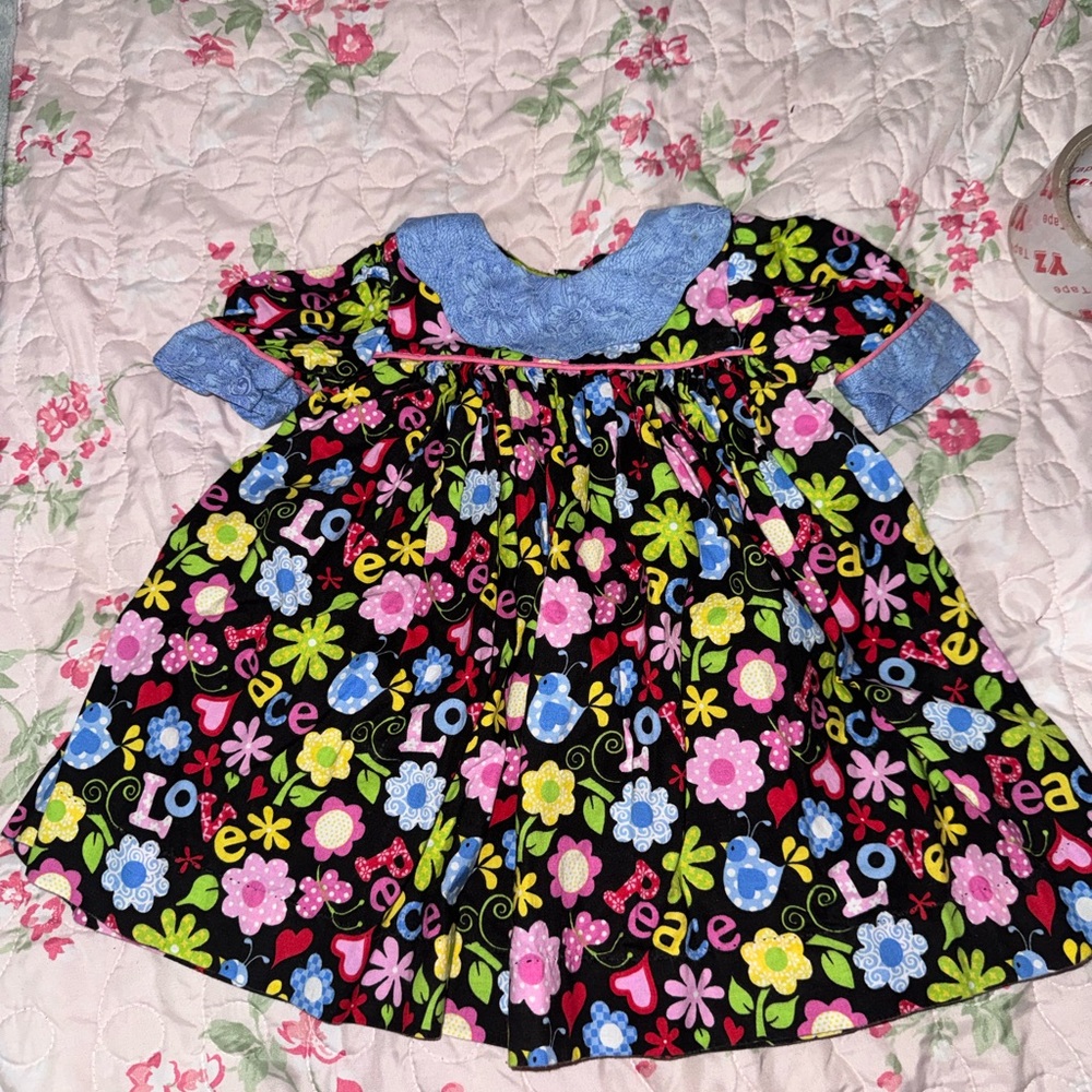 Collared Black Floral 'Love Peace' Baby Dress with Blue Collar